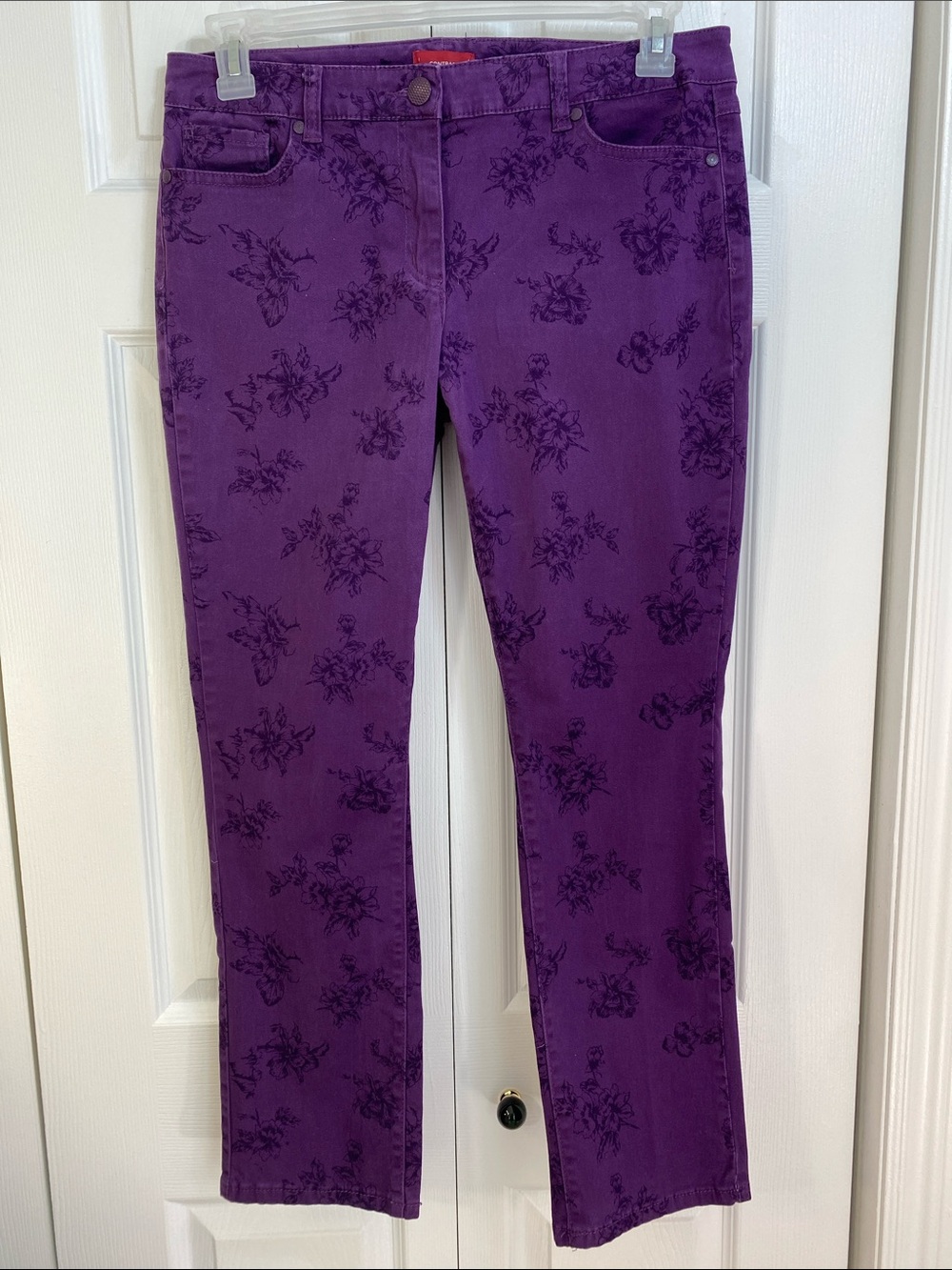 2 for $25 - Contrast Jeans, Purple Floral Print Straight Leg Jeans, 10 P